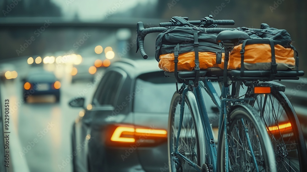 Fototapeta premium Car with bicycles mounted driving on freeway : Generative AI