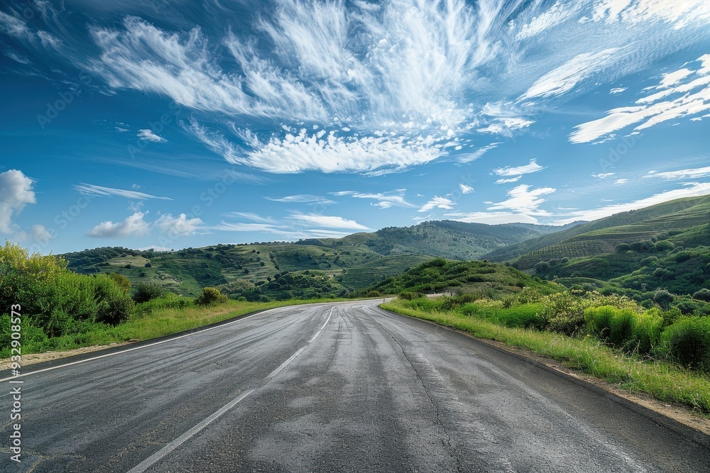 Naklejka premium Road and hill scenery under blue sky