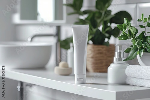 Minimalist White Toothpaste Tube Mockup on Bathroom Shelf