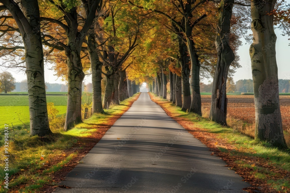 Road between rural fields and trees Road between rural fields and trees