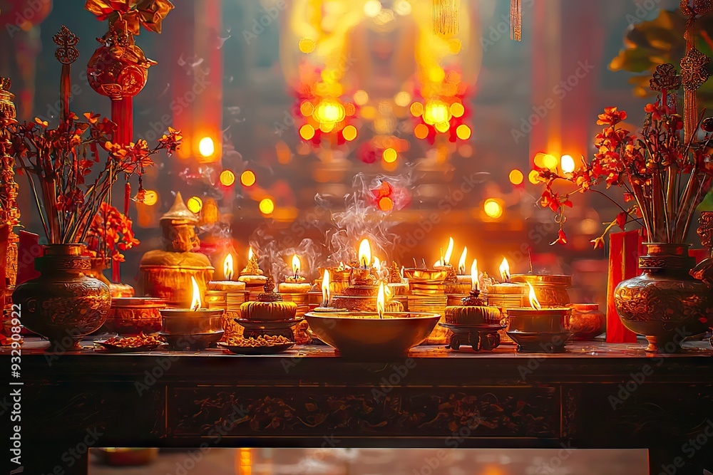 Obraz premium altar table full of offerings and burning incense at the Hungry Ghost Festival, temple background with red lights and traditional