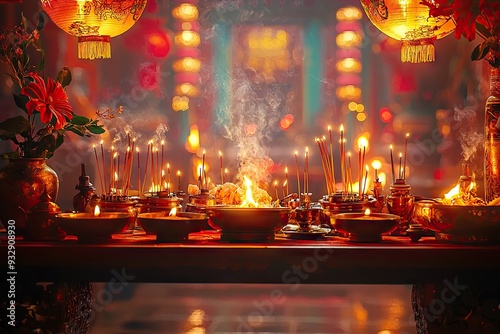 altar table full of offerings and burning incense at the Hungry Ghost Festival, temple background with red lights and traditional