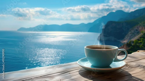 Cup of coffee on a table by the ocean on a sunny day, with a bright, relaxing seaside view and clear skies
  Seamless looping 4k time-lapse virtual video animation Generated AI