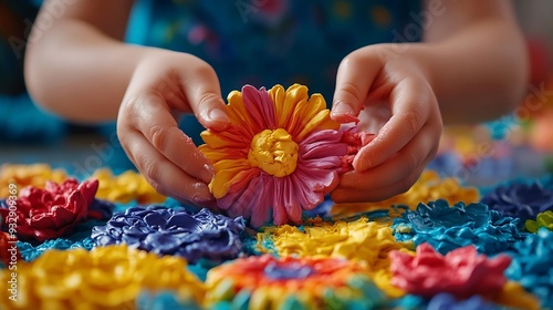 Childs hands make flower and other things from multicolored clay dough plasticine homeschooling game with clay Early development concept Educational and entertaining activities for chi : Generative AI