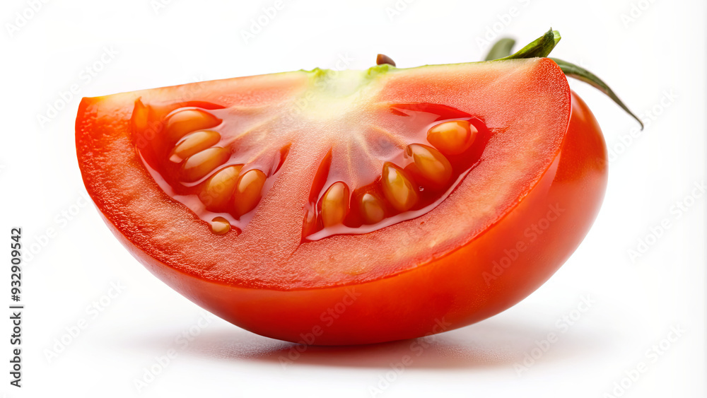 A fresh tomato slice reveals its bright red color and juicy seeds on a simple white surface A fresh tomato slice reveals its bright red color and juicy seeds on a simple white surface
