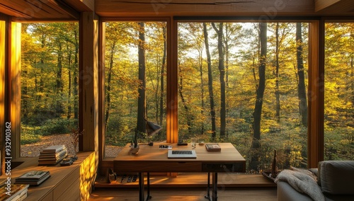 Fototapeta Naklejka Na Ścianę i Meble -  Wooden cabin with desk overlooking autumn forest.