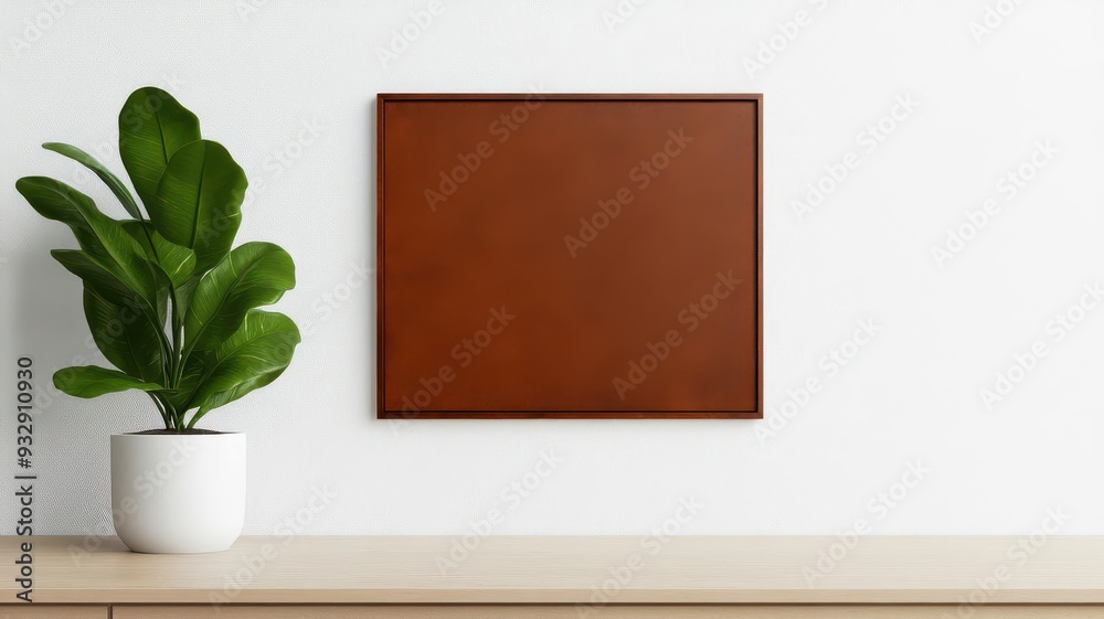Blank square picture frame mockup on white wall with plant. Blank square picture frame mockup on white wall with plant.
