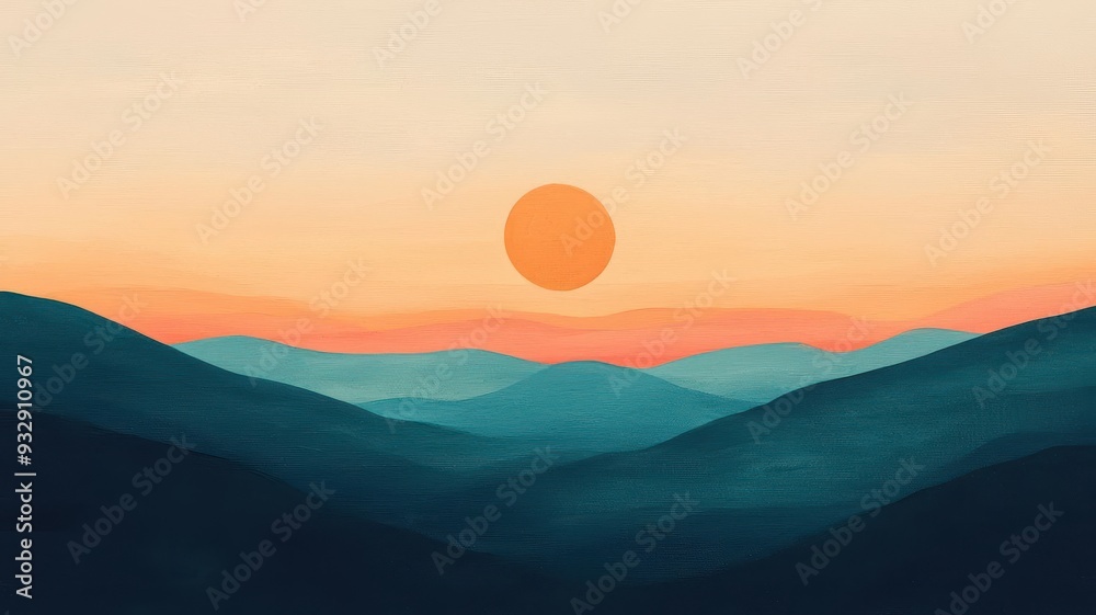 Fototapeta premium Minimalist painting of a sunset over mountains.