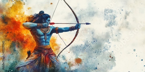 Title:
Vibrant Ram Navami Watercolor: Lord Rama with Bow and Arrow. AI-Generated Abstract Illustration for Marketing, Indian Culture, and Faith. Minimalist Composition with Elegant Gradients for UI, W