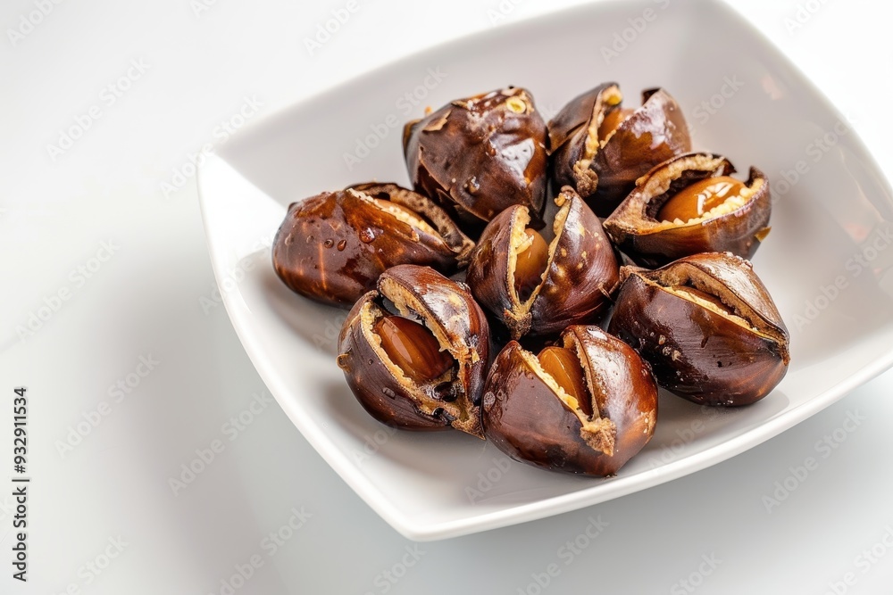 Roasted chestnuts on a white plate close up view Roasted chestnuts on a white plate close up view