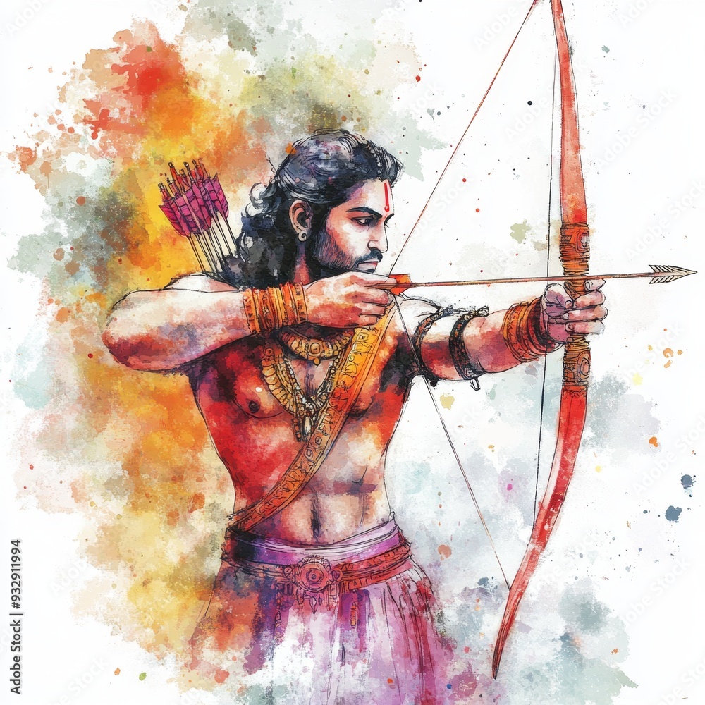 Title: Vibrant Ram Navami Watercolor: Lord Rama with Bow and Arrow. AI ...