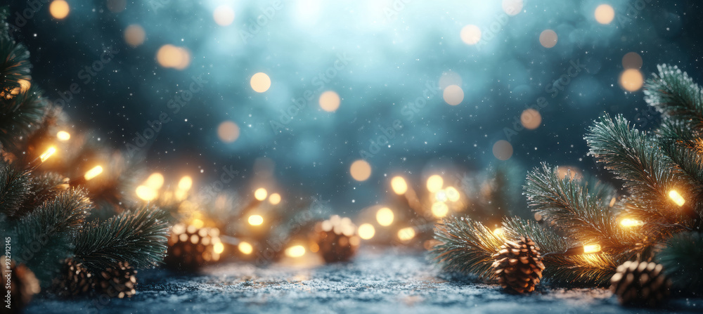 Fototapeta premium Festive Christmas Garland Bokeh Lights with Blue Backdrop