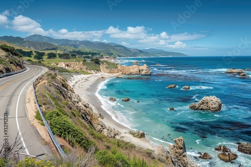 Rocky coast and highway overlooking sandy beach and clear ocean