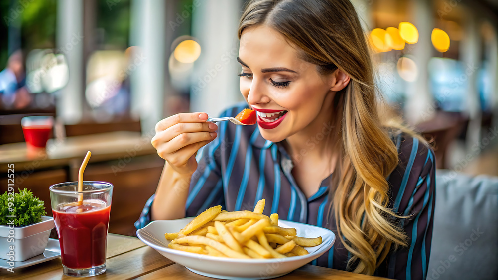 Asian woman holding french fries and eating happily in restaurant
Asian woman holding french fries and eating happily in restaurant