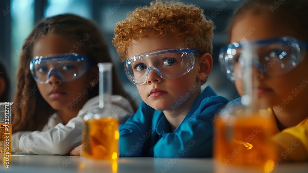 Elementary School Students Sitting Behind a Table in a Group Conducting a Biology Experiment for a Science and Technology Fair Young Boys and Girls Wearing Protective Clothes and Goggl : Generative AI Elementary School Students Sitting Behind a Table in a Group Conducting a Biology Experiment for a Science and Technology Fair Young Boys and Girls Wearing Protective Clothes and Goggl : Generative AI