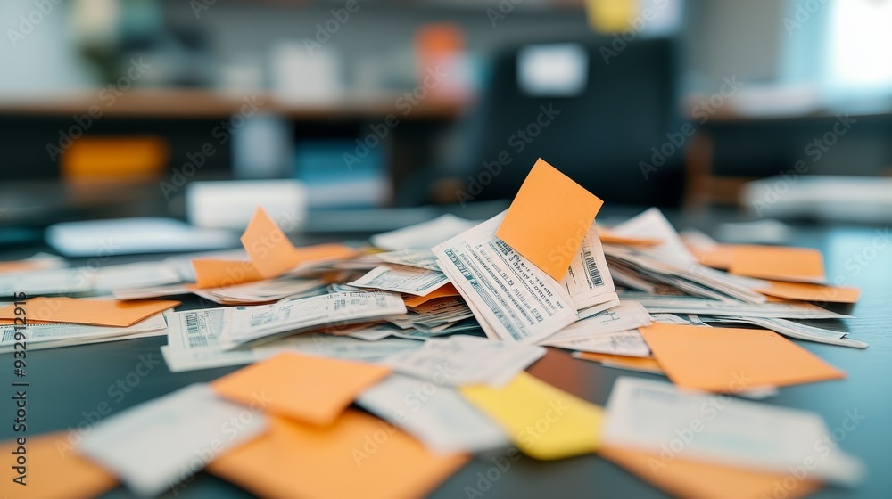 A chaotic pile of notes and reminders on a desk, symbolizing an organized mess in a workspace environment.