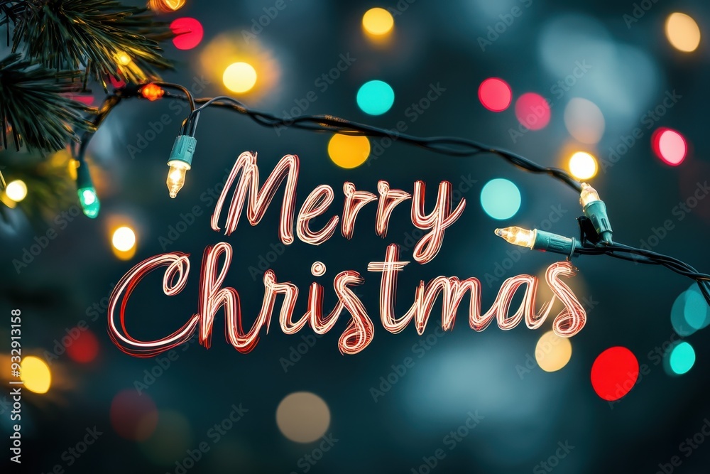 Naklejka premium Christmas Lights Bokeh Collage: Photos of a bokeh background filled with colorful Christmas lights. The text 
