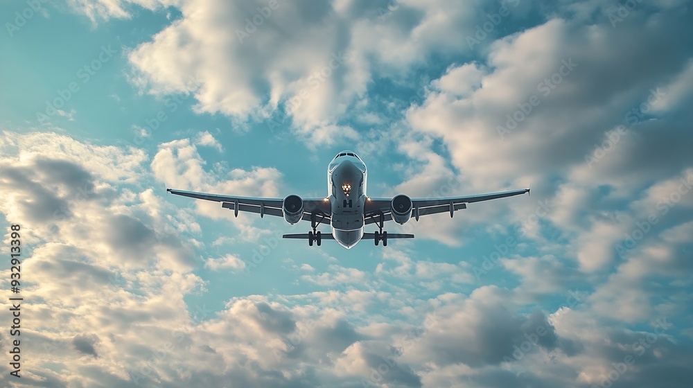 Obraz premium White passenger airplane flying in the sky amazing clouds in the background Travel by air transport High quality photo : Generative AI