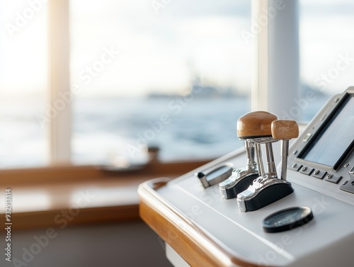 A close-up view of a yacht control panel, highlighting navigation instruments and the serene ocean background. photo