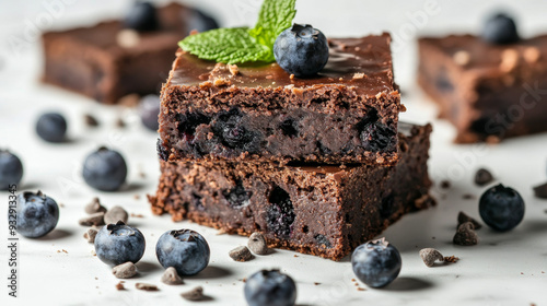 “Close-up of brownie bars decorated with fresh blueberries and a green mint leaf, set against a white background. The soft and moist chocolate fudge or cake is beautifully presented, emphasizing  photo