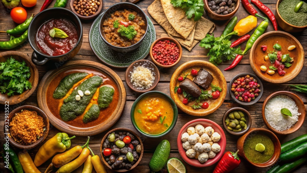 Dramatic, low-lit, overhead shot of a mole poblano feast, with an array of colorful ingredients and dishes, radiating energy and excitement. Dramatic, low-lit, overhead shot of a mole poblano feast, with an array of colorful ingredients and dishes, radiating energy and excitement.