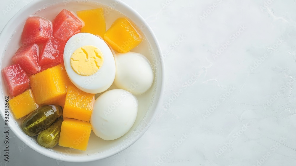 A colorful bowl featuring fresh fruits, boiled eggs, and pickles, perfect for healthy snacking or meal prepping. A colorful bowl featuring fresh fruits, boiled eggs, and pickles, perfect for healthy snacking or meal prepping.