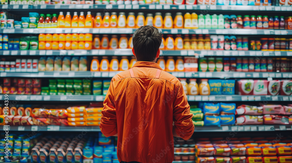 A man standing in a supermarket aisle, intently focused on the shelves. A moment of contemplation and decision-making. Concept of inflation crisis. A man standing in a supermarket aisle, intently focused on the shelves. A moment of contemplation and decision-making. Concept of inflation crisis.