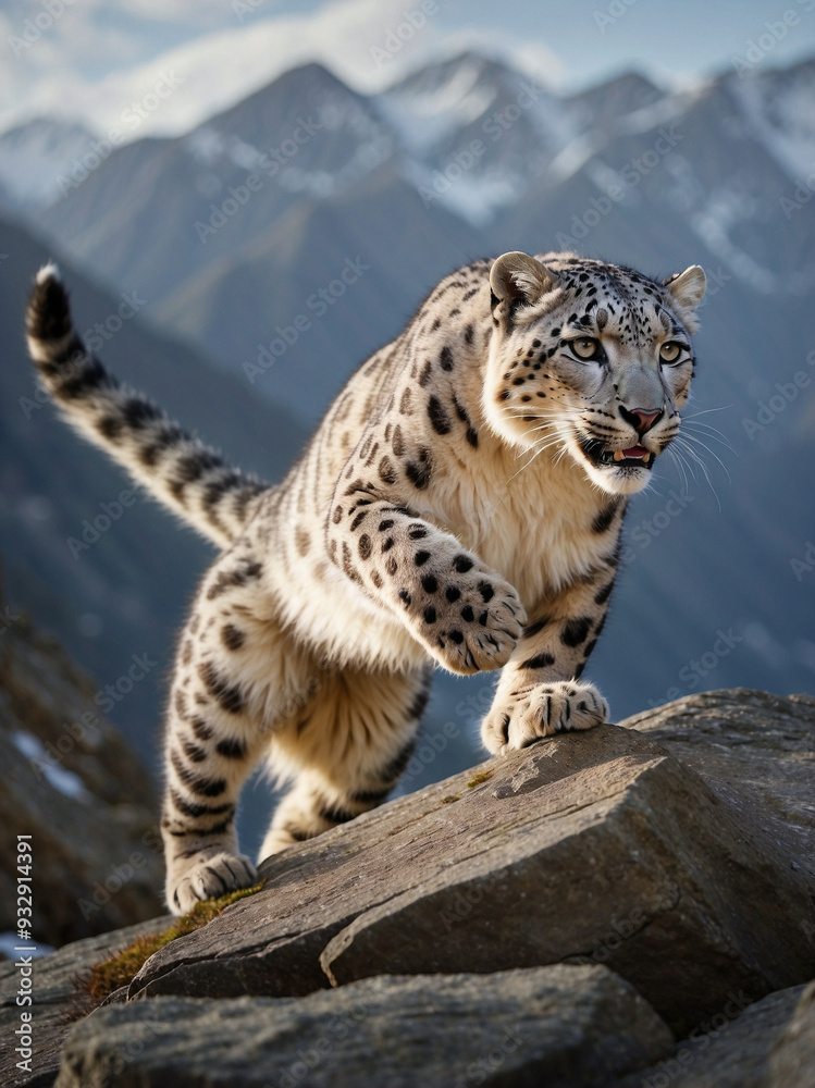Obraz premium Snow Leopard Prowling on Rocky Mountain Terrain