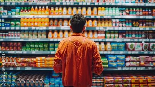 A man standing in a supermarket aisle, intently focused on the shelves. A moment of contemplation and decision-making. Concept of inflation crisis. photo