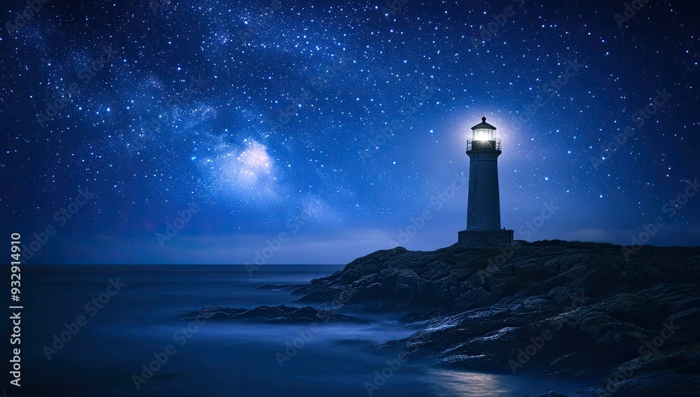 Lighthouse shines on rocky coast under starry sky. Lighthouse shines on rocky coast under starry sky.