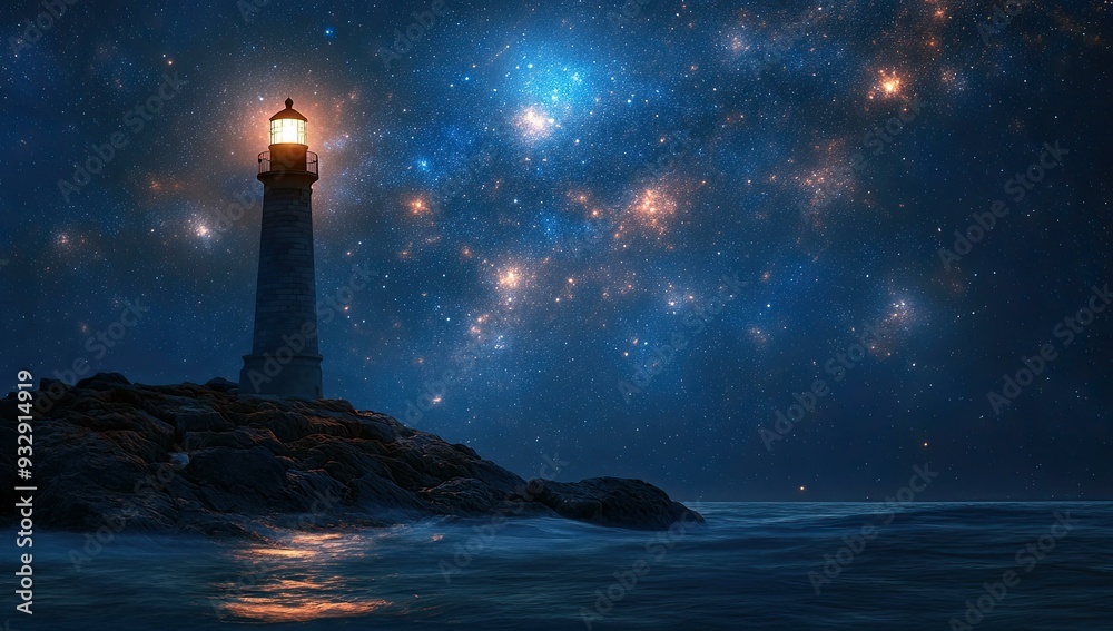 Lighthouse on rocky coast under starry night. Lighthouse on rocky coast under starry night.