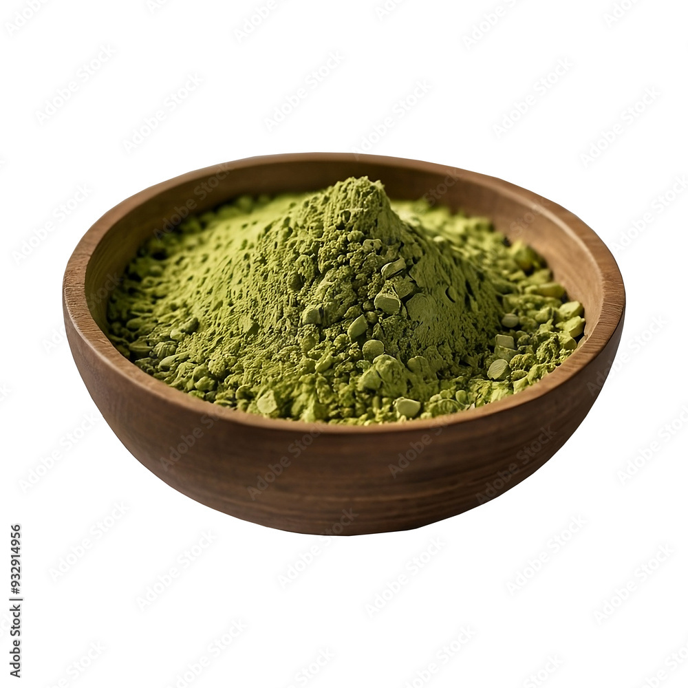 Matcha green tea powder in a bowl on a transparent background Matcha green tea powder in a bowl on a transparent background