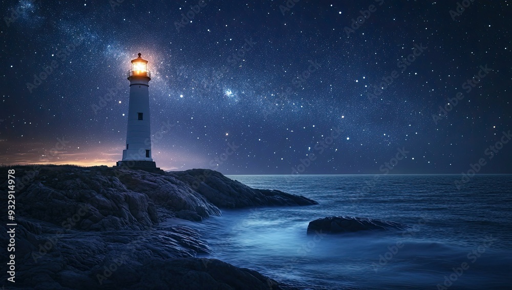 Lighthouse on cliff overlooking ocean, starry night. Lighthouse on cliff overlooking ocean, starry night.