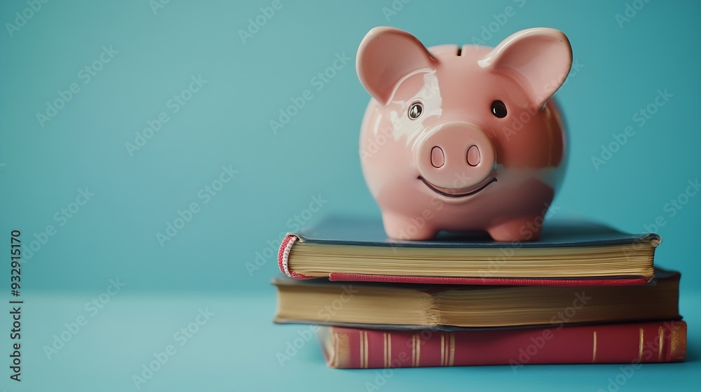 Pink piggy bank with books isolated on blue background Cost of education concept : Generative AI Pink piggy bank with books isolated on blue background Cost of education concept : Generative AI