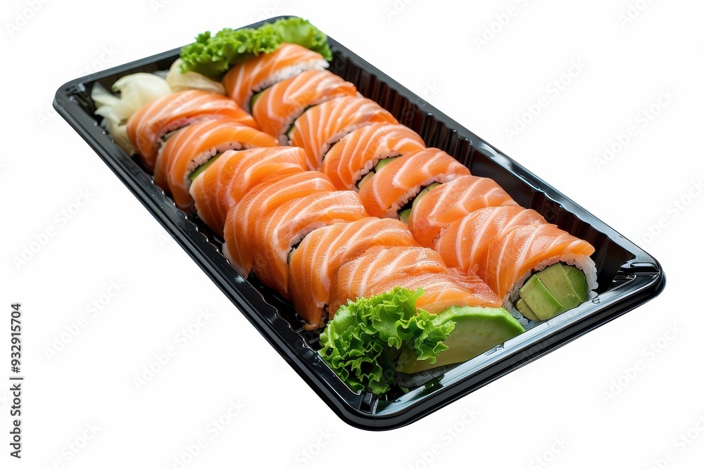 Salmon and avocado sushi set on black tray against white background Salmon and avocado sushi set on black tray against white background
