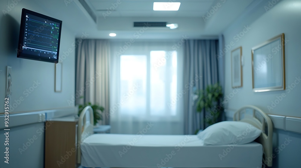 Fototapeta premium Patient hospital ward blur background medical blurry interior white room ward with with bed nursing care or clinical healthcare recovery treatment space : Generative AI
