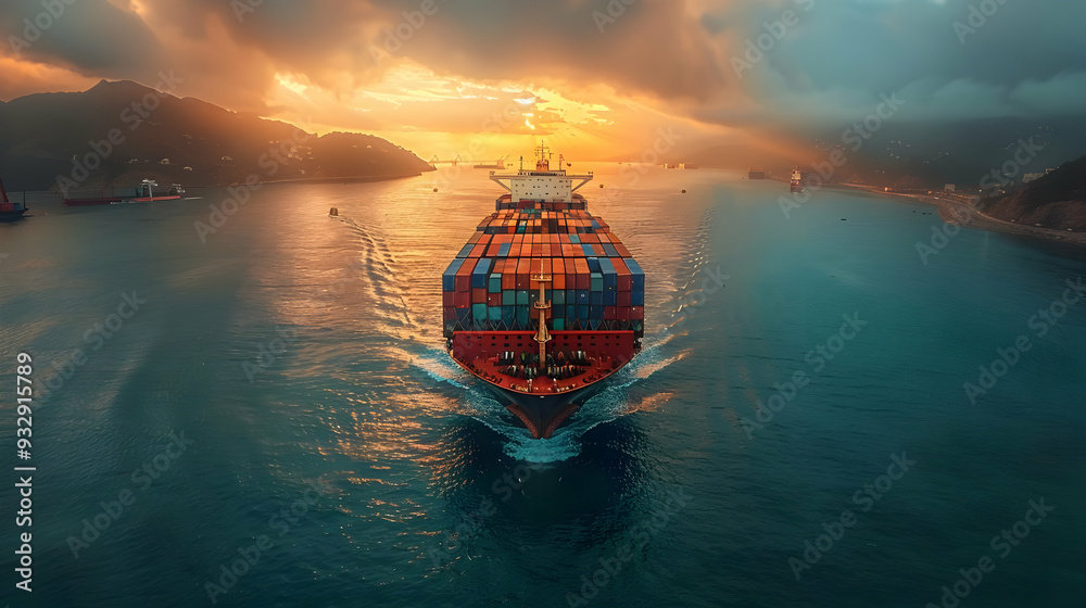 Fototapeta premium Aerial View of Cargo Ship Sailing Through Ocean at Sunset - Photo