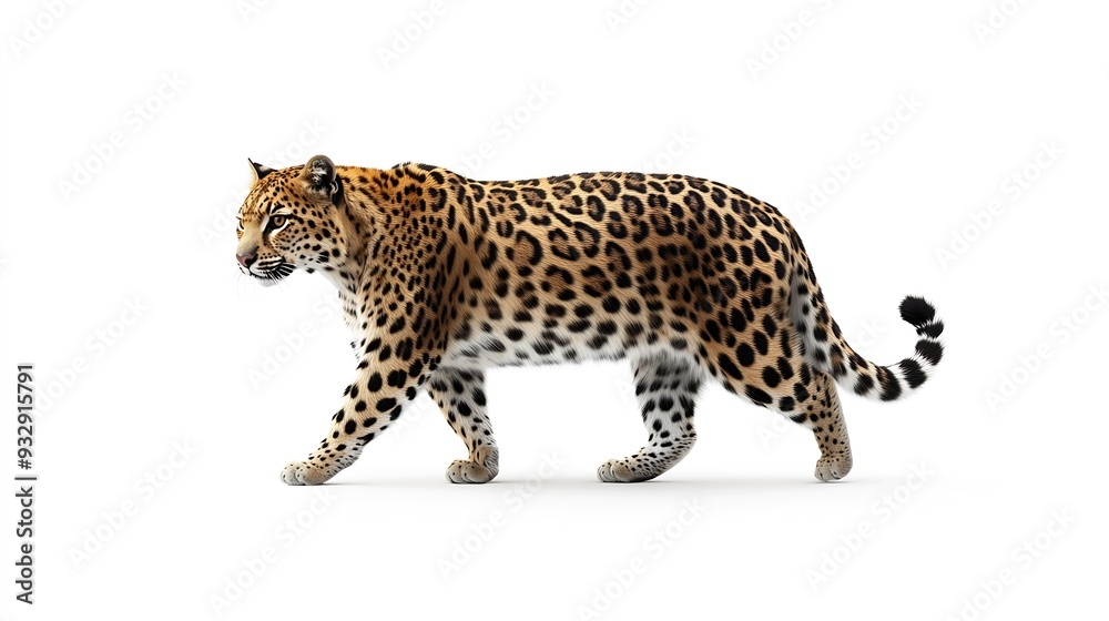 Obraz premium spotted hunter creature big cat endangered species panthera pardus animal themes isolated on white safari animal indoors one animal remastered white background wild predator nature : Generative AI
