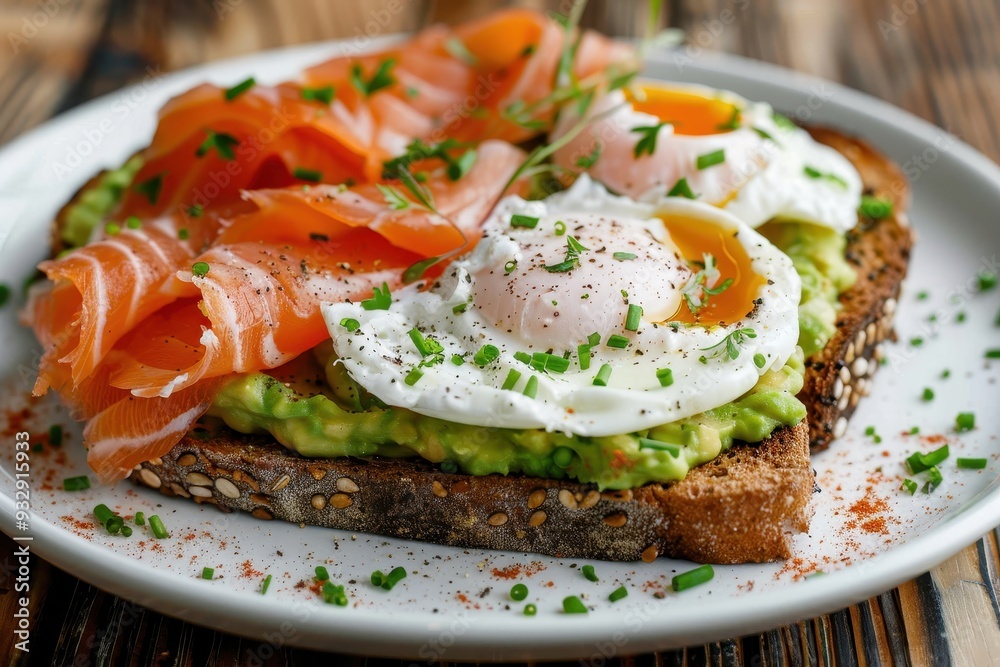 Salmon and poached egg with guacamole on rye bread Salmon and poached egg with guacamole on rye bread