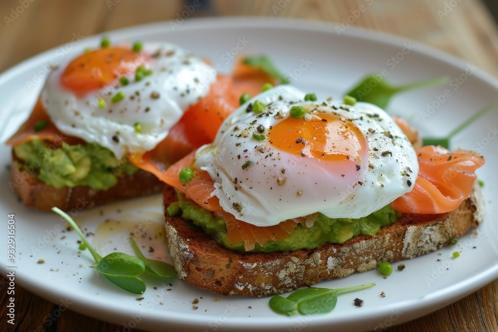 Salmon poached egg avocado on white plate Poached egg salmon guacamole on rye bread Salmon poached egg avocado on white plate Poached egg salmon guacamole on rye bread