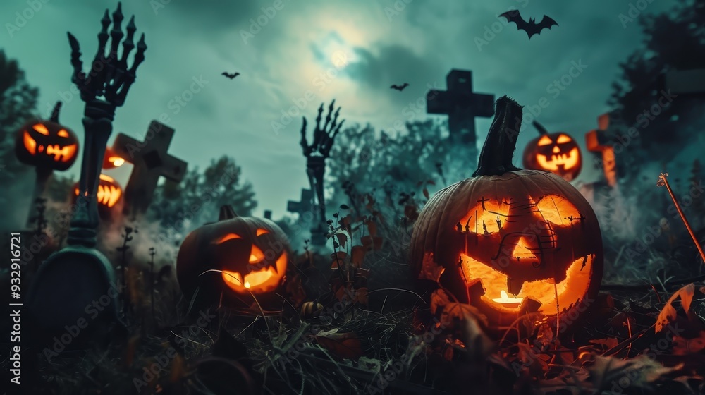 Fototapeta premium Flaming pumpkins illuminate a dark graveyard, surrounded by eerie zombie hands reaching through the soil and mist