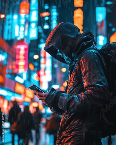 Hacker working on a mobile device, hacking into a system while on the move in a busy urban environment