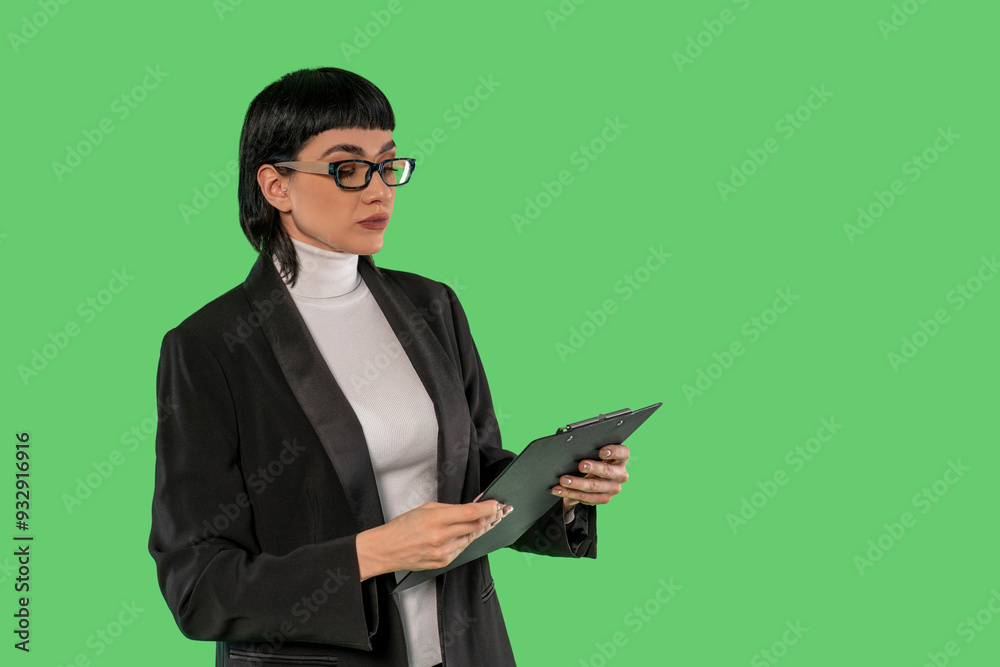 Businesswoman Reviewing Notes in Studio With Green Background Businesswoman Reviewing Notes in Studio With Green Background