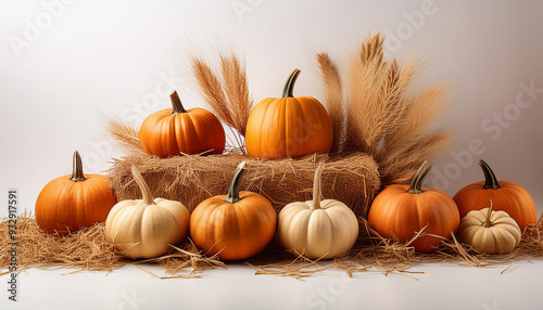 Orange pumpkins and rustic hay bale on white background, autumn harvest season. Thanksgiving banner