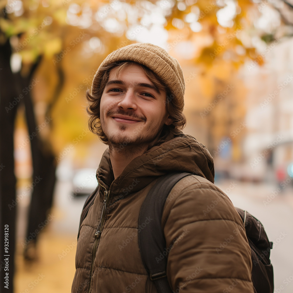 A young man wearing a brown jacket and beanie smiles as he walks down a street lined with autumn trees. The scene is filled with warm, seasonal colors and a relaxed vibe. A young man wearing a brown jacket and beanie smiles as he walks down a street lined with autumn trees. The scene is filled with warm, seasonal colors and a relaxed vibe.
