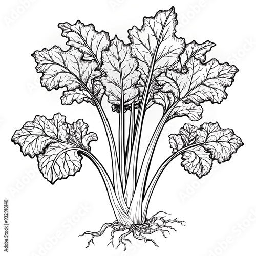 Highly detailed monochromatic botanical illustration featuring a realistic and intricately detailed depiction of rhubarb, emphasizing texture and form in a botanical drawing style.