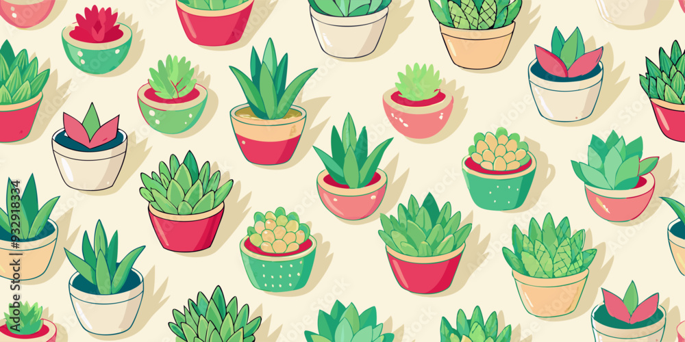 A seamless pattern showcasing potted plants on a white background A seamless pattern showcasing potted plants on a white background