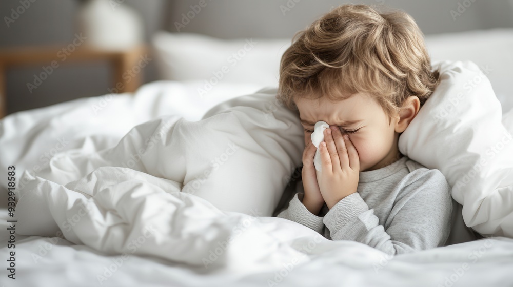 A young child feeling unwell in bed, wiping nose with a tissue, displaying signs of illness or discomfort in a cozy bedroom setting. A young child feeling unwell in bed, wiping nose with a tissue, displaying signs of illness or discomfort in a cozy bedroom setting.