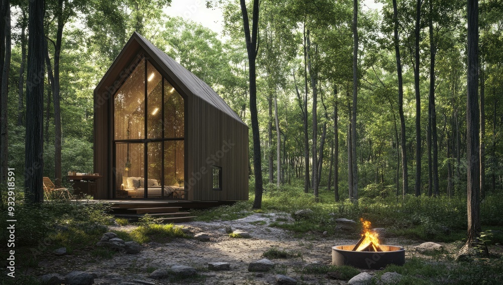 Cabin in the woods with a fire pit. Stock Photo | Adobe Stock