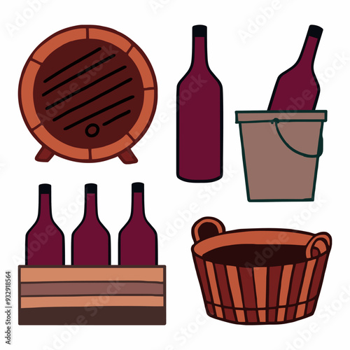 A rustic wine set with bottles, barrel, and containers in a vineyard setting during the harvest season